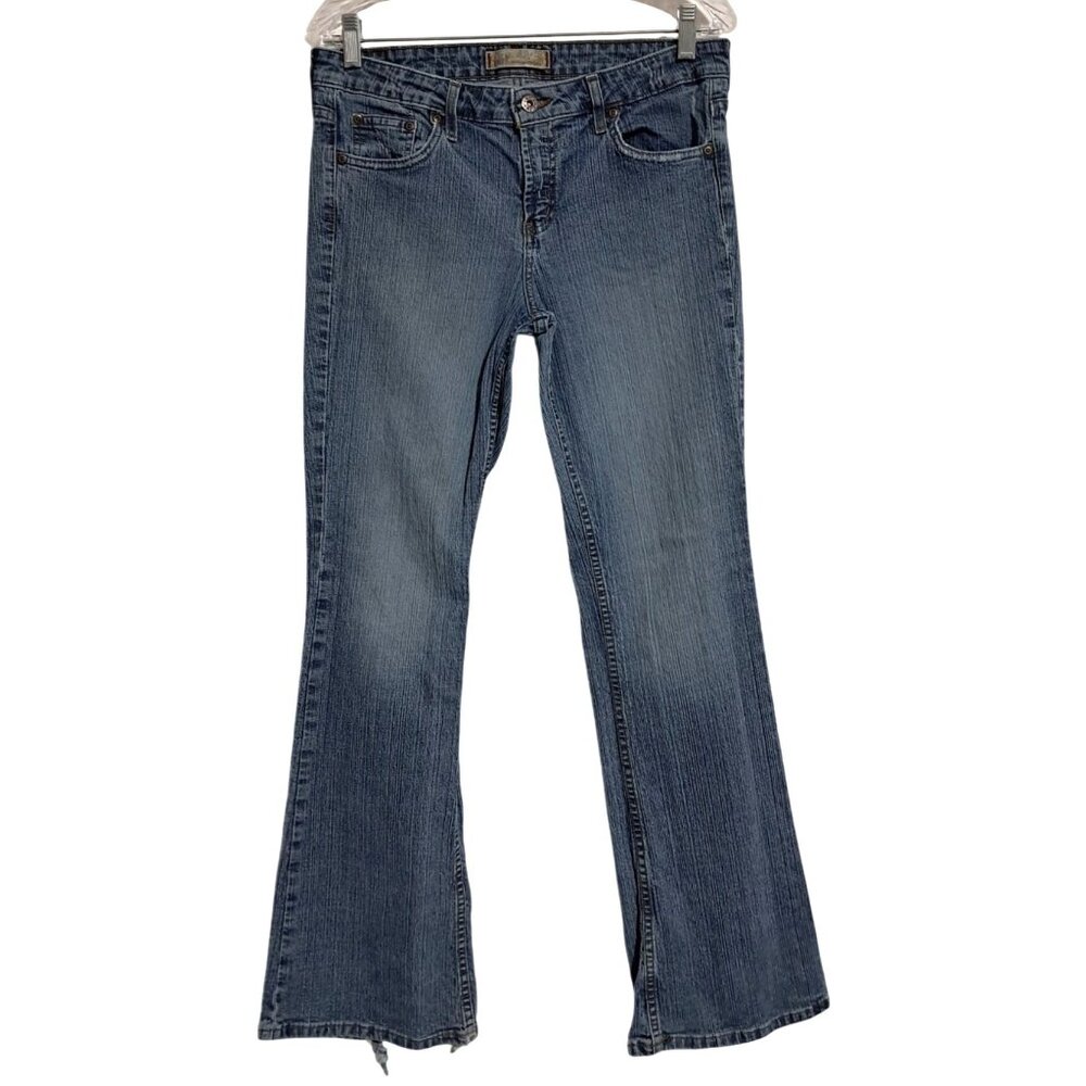 Y2K LEI Flared Jeans Size 11 Distressed Hem & Pockets Cotton Blend Made In Mexic